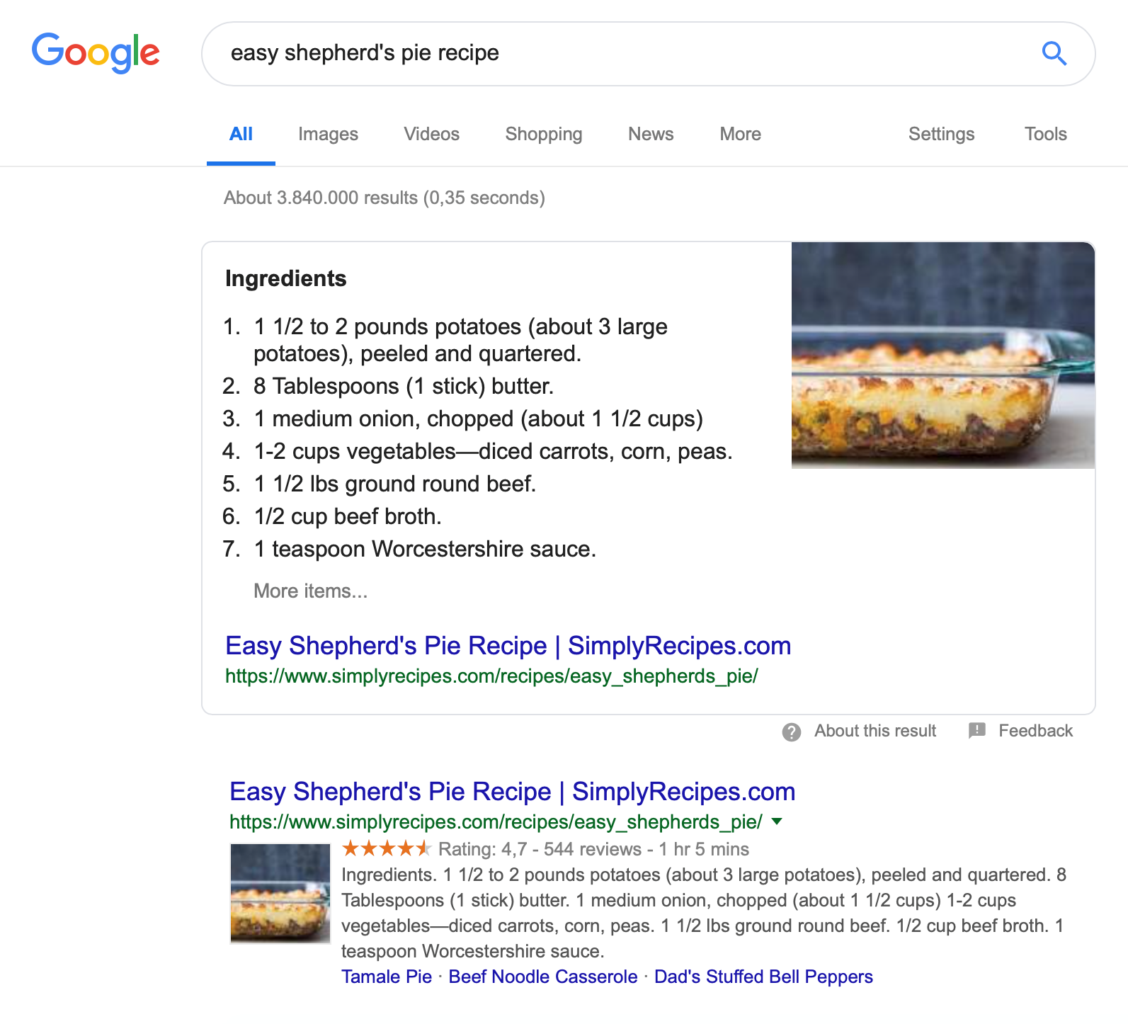 google, recipe, featured snippet, rich snippet, ,snippet, shepherd's pie recipe