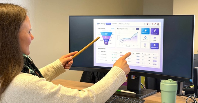 Person pointing at a marketing automation dashboard displaying lead tracking and campaign performance metrics.